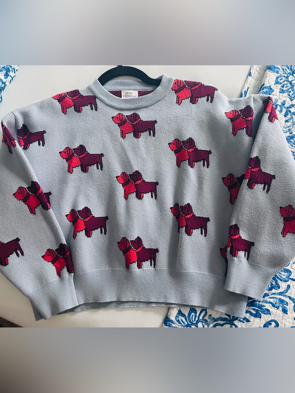Light Blue Sweater with Pink & Magenta Dog Motif